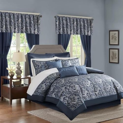 Madison Park Essentials Brystol 24 Piece Room in a Bag Faux Silk Comforter Jacquard Paisley Design Matching Curtains Down Alternative All Season Bedding-Set, King(104 in x 92 in), Navy 24 Piece