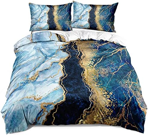 Royal Blue Marble Duvet Cover Set King Size Sequin Gold Bedding Comforter Covers with 2 Pillow Shams Breathable Durable Soft Comfy