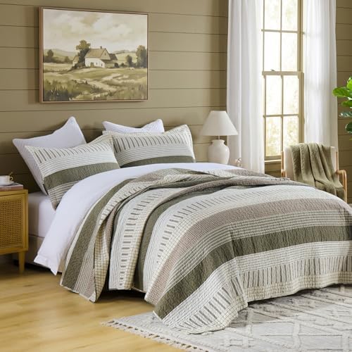Finlonte 100% Cotton Queen Size Quilt Set, Patchwork Striped Queen Quilt Bedding Set Farmhouse Bedspread, Lightweight Quilted Comforter Reversible Bed Spread for All Season, Green/Brown/Cream, 3 Pcs