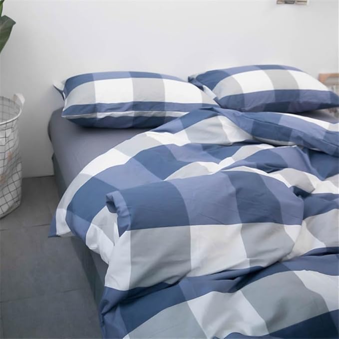 LifeTB Blue White Plaid Duvet Cover Queen Modern Soft 100% Cotton Comforter Cover Simple Style Plaid Grid Duvet Cover with 2 Pillowcases Blue White Grey Checked Bedding Set Full Queen