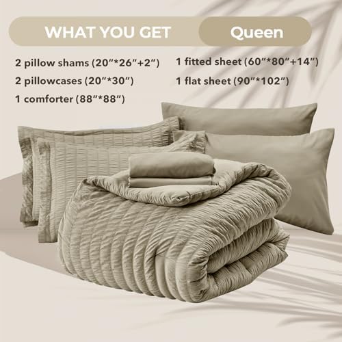 HYMOKEGE Linen Queen Comforter Set Seersucker 7 Pieces, All Season Luxury Bed in a Bag Queen for Bedroom, Bedding Set with Comforter, Sheets, Pillowcases & Shams