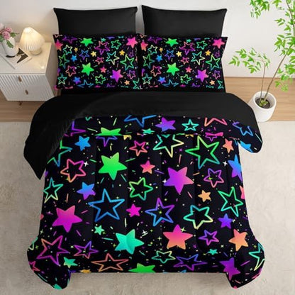 7Pcs Comforter Set Colorful Stars Printed Bedding Set with 1 Comforter, 1 Flat Sheet, 1 Fitted Sheet and 4 Pillowcases for Boys and Girls Bedroom (Stars Twin