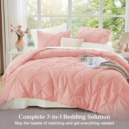 JOLLYVOGUE King Size Comforter Set 7 Pieces - Bed in a Bag King for All Season, Pintuck Bedding Comforter Sets with Comforter, Flat Sheet, Fitted Sheet and Pillowcases & Shams, Pink & Ivory