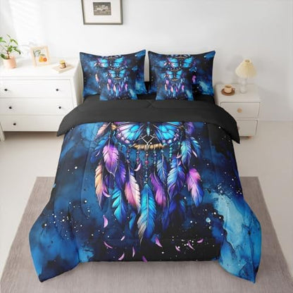 Erosebridal Blue Butterfly Dream Catcher King Bed in A Bag 7 Piece Marble Comforter Set with Sheets Boho Gypsy Butterfly Bedding Sets for Kids Girls Women,Indian Hippie Feather Bed Set