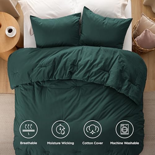 Bedsure PureWoven Cotton Comforter Set Prewashed, King, Forest Green
