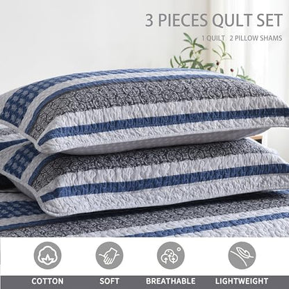 Homzard 100% Cotton Striped Floral California King Quilt Set