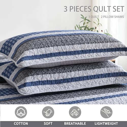 Homzard 100% Cotton Quilt Bedding Set Queen Size Striped Floral Bedspread