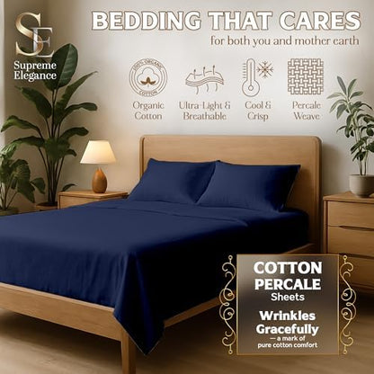 SUPREME ELEGANCE 100% Organic Cotton Queen Size Bed Sheet Set, Dark Blue