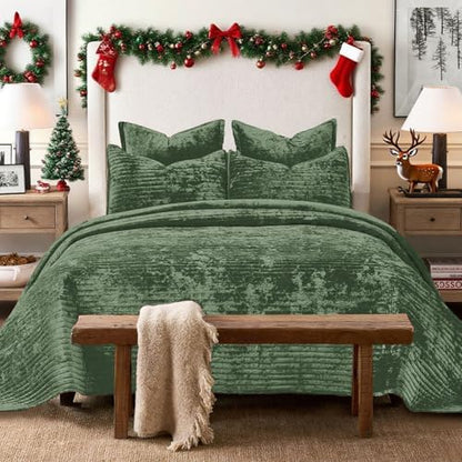 Califonia King Velvet Quilt Set Striped Bedspread 106x118