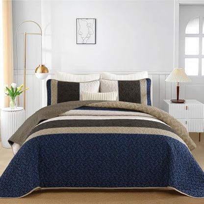 Cottolester Quilt Set Full,Brown Blue Striped Plaid Bedspread Coverlet Set