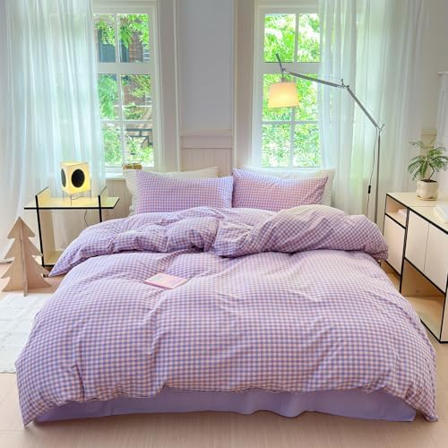 LifeTB Purple Gingham Comforter Set King Modern Plaid Checkered Pattern Comforter Soft Gingham Bedding Set Lightweight Purple Pink Grid Plaid Bedding Comforter Fluffy Checkered Comforter Set