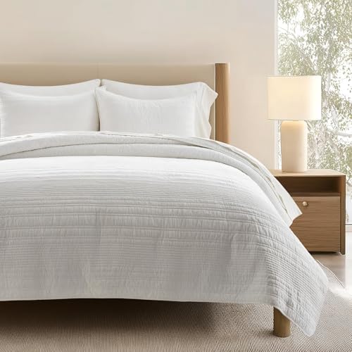 EVERGRACEHOME 100% Cotton Modern Lines Quilt Set King Size, Warm White