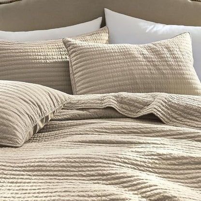 WDCOZY 100% Cotton California King Size Quilt Set, Pick Stitch, Beige Flax