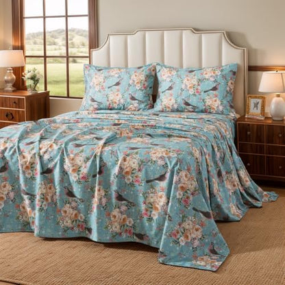 FADFAY 100% Cotton Cal King Sheet Set, Mint Green Floral Bird Print Bedding