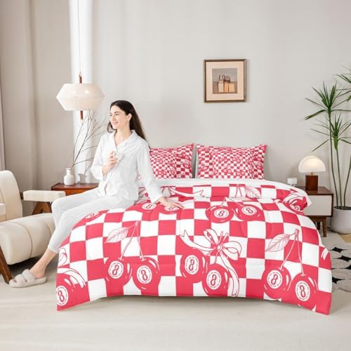 Fashion Trendy Y2K Comforter Set King Size Lucky 8 Ball 7 Piece Bedding Set For Kids Boys Girls,Funky Coquette Bow Bed In A Bag With Sheets Preppy Room Decor,Red White Simple Geometric Plaid Bed Set