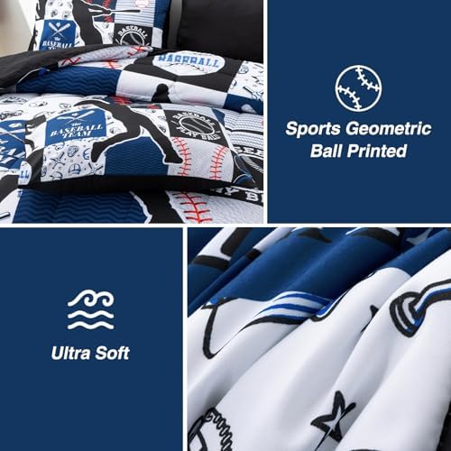 A Nice Night Sports Baseball Comforter Full Bedding Set for Boys,Blue