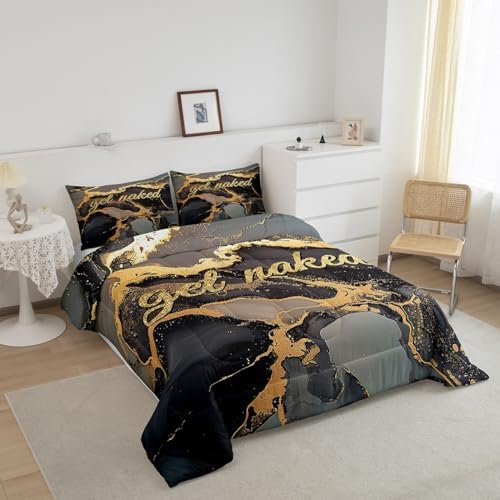 Homewish Get Naked Comforter Set King Size,Gold Glitter Black Marbling Print Bedding Set for Adult Women Men Room Decor,Valentine's Day Funny Quotes Quilt Set Luxury Black Duvet Insert,2 Pillowcases