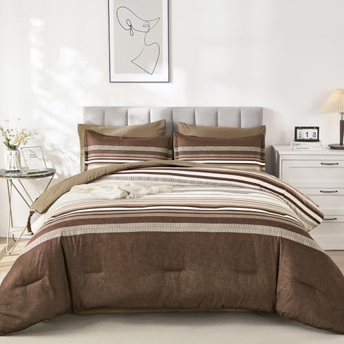 Dobuyly Brown Comforter Set Queen Size 7 Piece, Boho Striped Bed in a Bag Queen Soft Microfiber Chocolate Brown Bedding Sets with Comforter, Sheets, Pillowcases & Shams All Season