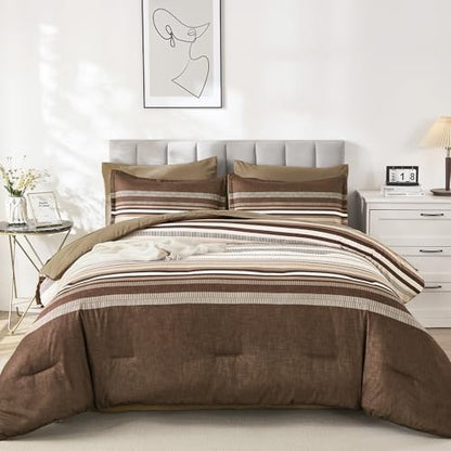Dobuyly Brown Comforter Set Queen Size 7 Piece, Boho Striped Bed in a Bag Queen Soft Microfiber Chocolate Brown Bedding Sets with Comforter, Sheets, Pillowcases & Shams All Season