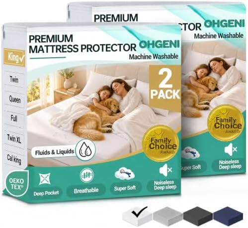 OhGeni 2 Pack Waterproof Mattress Protector, King Size Mattress Pad Fitted with Deep Pocket 6"-18", Breathable Soft, Washable DirtProof Mattress Cover, White, More Than 99 pcs fibers, Daybed Cover