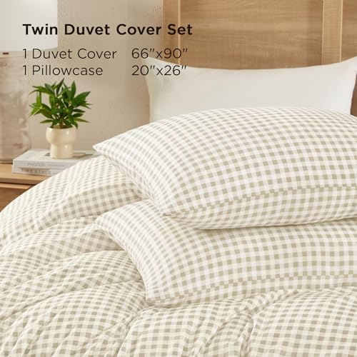 Andency Cream Gingham Duvet Cover Twin, Beige Checkered Plaid Bedding Set