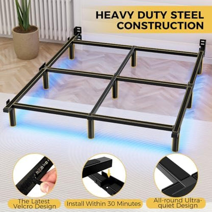 Full Bed Frame with LED Lights, 7 Inch Heavy Duty Metal Base for Box Spring