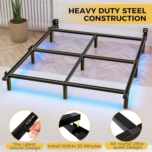 King Bed Frame with LED Lights, 7 Inch Heavy Duty Metal Base for Box Spring