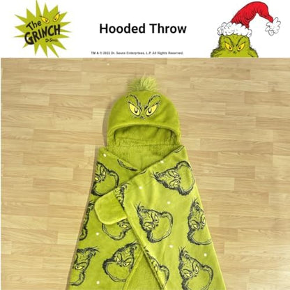 Grinch by Dr. Seuss Hooded Throw - Kids Christmas Bedding Super Soft Throw Blanket - 40 in x 50 in, (Officially Licensed Product) by Franco