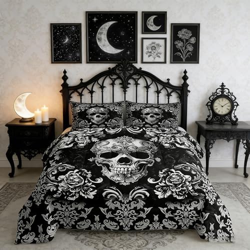 Gothic Skull Comforter Set King Size,Halloween Flower Skull Bedding Sets for Boys Girls Woman Men Bedroom Decor,Black Grey Vintage Damask Down Comforter Retro Floral Quilt Set,2 Pillowcases