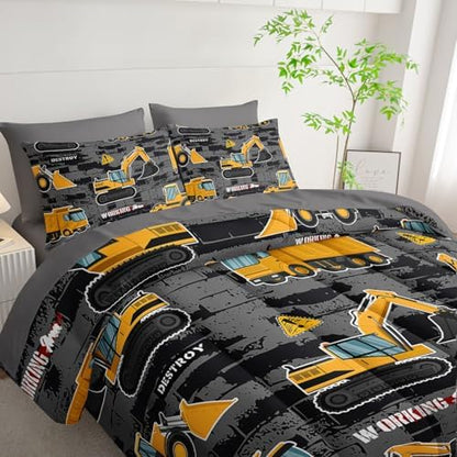 7Pcs Truck Comforter Set Engineering Vehicle Printed Bedding Set with 1 Comforter, 1 Flat Sheet, 1 Fitted Sheet and 4 Pillowcases for Boys and Girls Bedroom All Season(Queen)