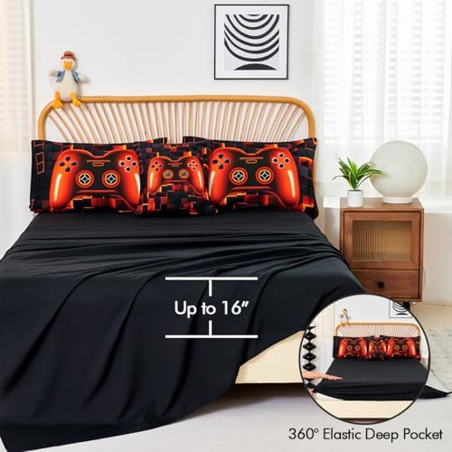 PERFEMET Full Bedding Sets for Boys 6 Pieces Orange Game Kids Bed in A Bag