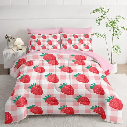 7Pcs Comforter Set Cartoon Strawberry Pink White Checkered Printed Bedding Set with 1 Comforter,1 Flat Sheet,1 Fitted Sheet,4 Pillowcases Bedroom All Season(Twin)