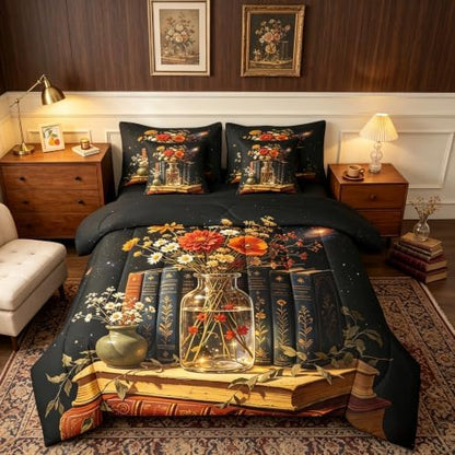 Erosebridal Bookshelf 7 Piece Bedding Set Twin Floral Comforter Set with Sheets Vintage Book Bed in a Bag Mysterious Art Bed Sets Comforter