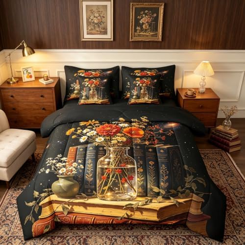 Erosebridal Bookshelf 7 Piece Bedding Set Full Floral Comforter Set with Sheets Vintage Book Bed in a Bag Mysterious Art Bed Sets Comforter