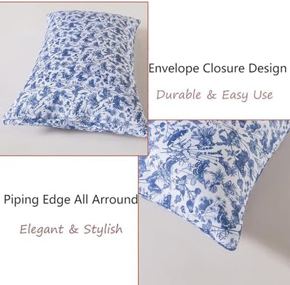 FADFAY Blue Toile Sheets Set King French Country Vintage Farmhouse Bedding Exotic Scenic Buttterfly Floral Bedding 100% Egyptian Cotton Soft Breathable Sheet Set with Deep Pocket Fitted Sheet 4Pcs
