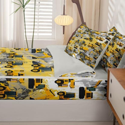 Feelyou Construction Twin Zipper Bedding for Boys, Excavator Tractor 3-Piece-All-in-one Soft and Sturdy, Construction Machinery Truck Zip Up Bedding with Deep Fitted Sheet and 2 Pillowcases