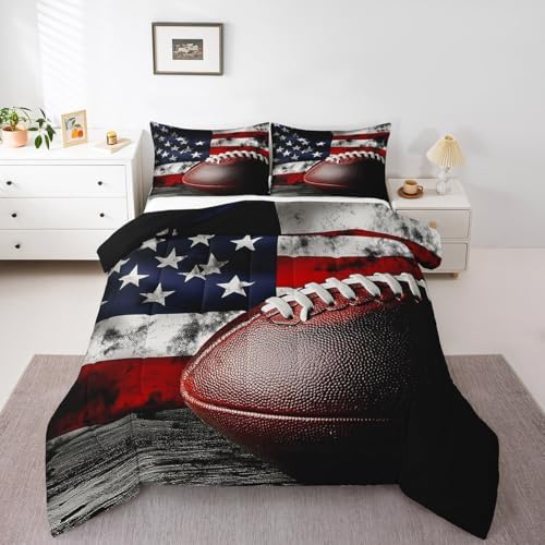 American Ball Games Bedding Set Toddler Size Vintage USA Flag Print Comforter for Child Teens Boys Rugby Football Down Comforter Bedroom Decor Modern Sports Duvet Insert with 1 Pillowcase