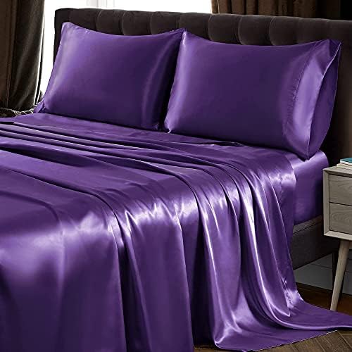 SiinvdaBZX 4Pcs Satin Sheet Set Queen Size 15-Inch Deep Pocket, Purple