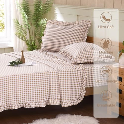 Gingham Twin Sheet Set, Lightweight Super Soft Brushed Microfiber Plaid Bed Sheets with 16" Deep Pocket, 3 Piece Ruffle Farmhouse Bedroom Decor, Taupe