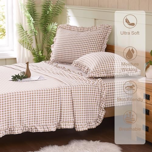 Gingham Queen Sheet Set, Lightweight Super Soft Brushed Microfiber Plaid Bed Sheets with 16" Deep Pocket, 4 Piece Ruffle Farmhouse Bedroom Decor, Taupe