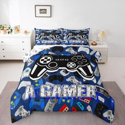 Homewish Cartoon Gamepad Bedding Set King Size,Video Games Comforter Set 3Pcs for Kids Teens Boys Girls Room Decor,Navy Blue Gaming Board Quilted Duvet Modern Fashion Down Comforter,2 Pillowcases