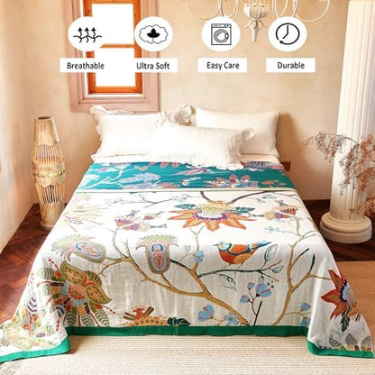 VANJOROY Boho Throw Blanket, 100% Organic Cotton Breathable Skin-Friendly Ultra Soft Bed Quilt Throw - All Season Floral Bird Farmhouse Décor Luxury Blanket for Sofa Couch Chair and Gift. 60" x 80"