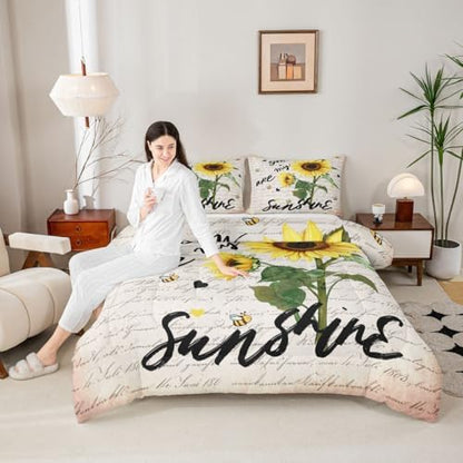Castle Fairy Sunflower Comforter Set King Size,Rustic Farmhouse Bee Bedding 3pcs for Kids Teens Adults Home Room Decor,Black Sketch Sunshine Graffiti Quilt Nature Plants Animals Duvet Insert