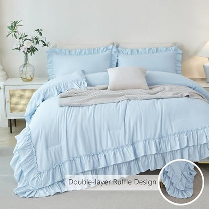 ANGIYUIN 5 Pieces Light Blue Full Bed in A Bag for Girls Ruffle Bedding Sets Farmhouse Fluffy Comforter Set Soft Lightweight Bed Sets for Women Girls(Light Blue Full)