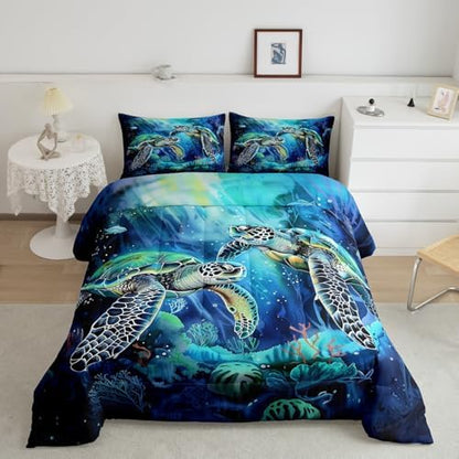 Sea Turtle Comforter Set Queen Size,Cute Sea Animal Bedding Sets for Kids Gilrs Boys Teens Adult Room Decor,Colorful Coral Pattern Down Comforter Blue Green Reversible Quilt Set,2 Pillowcases