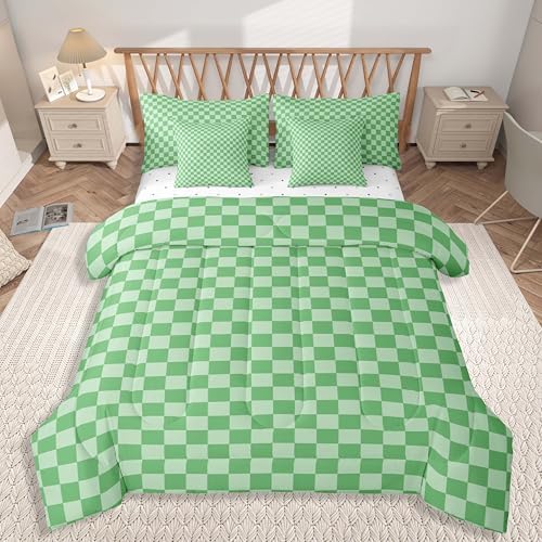 jejeloiu Green Bedding Set 7Pcs Full Size Kids Buffalo Plaid Comforter Set with Sheets for Boys Girls Checkered Grid Bed in a Bag Soft Lightweight,Microfiber