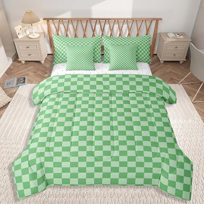 jejeloiu Green Bedding Set 7Pcs Full Size Kids Buffalo Plaid Comforter Set with Sheets for Boys Girls Checkered Grid Bed in a Bag Soft Lightweight,Microfiber