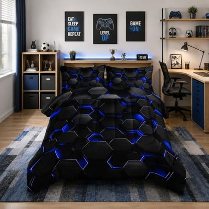 Black Blue Geometric Comforter Set Twin Size with 2 Pillowcases.