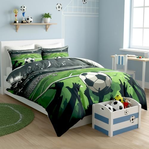 CCoutueChen Boys Twin Soccer Bedding Set, Sports Comforter Set for Kids, Green Warm Microfiber Comforter with 1 Pillowcase, 68"x86"