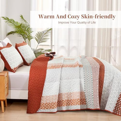 WONGS BEDDING Boho Quilt Set King Size, Stripe Bedspread Sets, Burnt Orange
